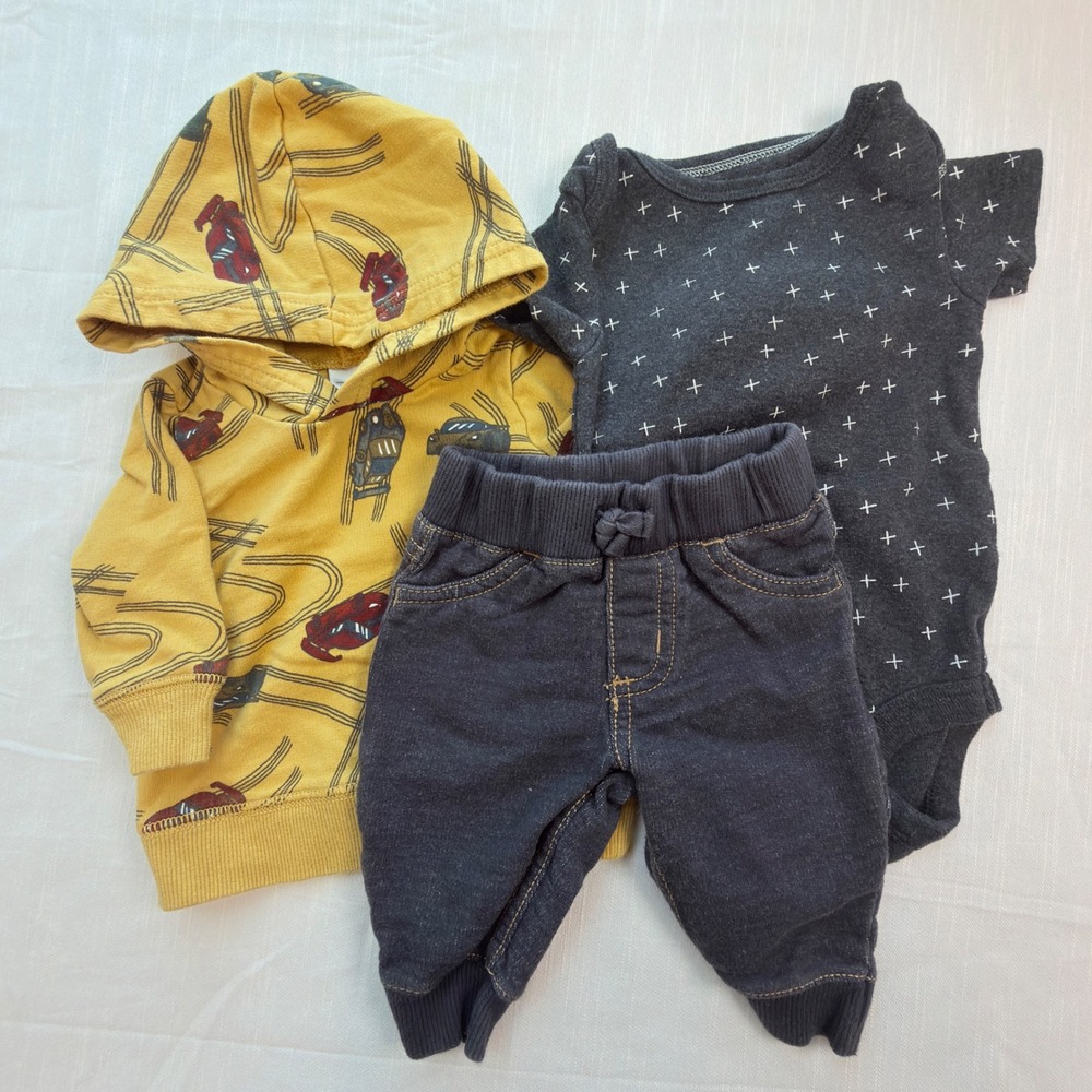 Carter's Cloud Island Outfit Set Baby Boy 3M Yellow Grey Excellent 3pc Bundle